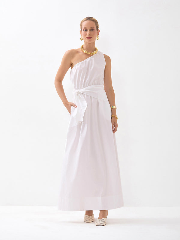 Vestido Ombro Único Branco com faixa