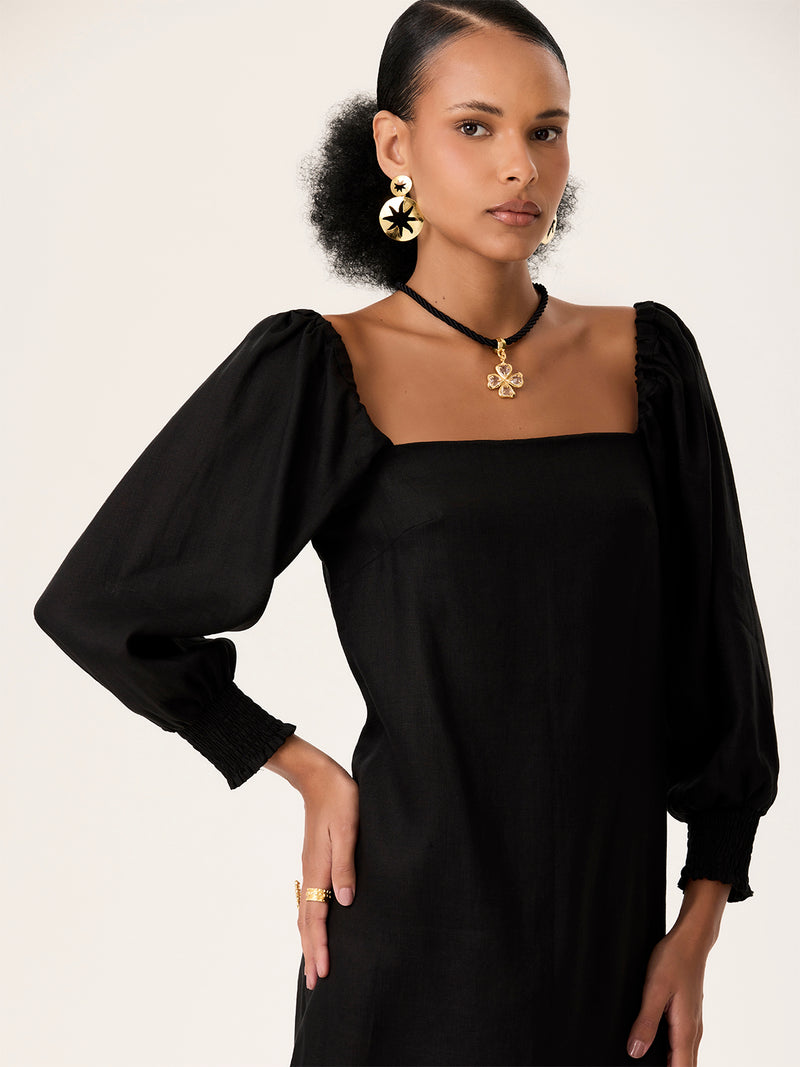 Vestido Manga Bufante Curto Preto